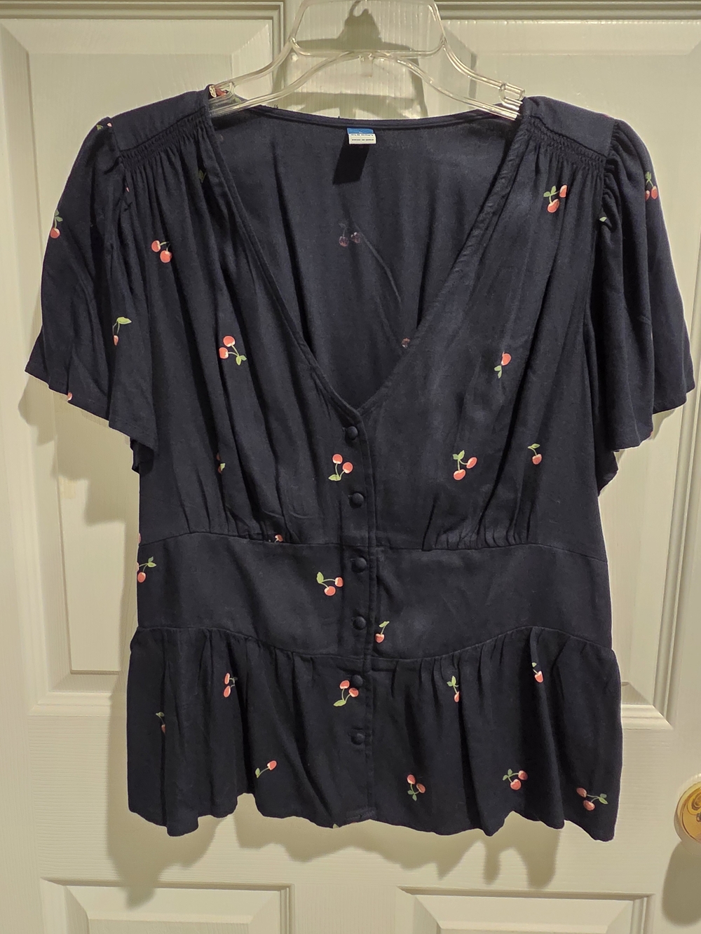 Old Navy Peplum V-Neck Button-Front Top with Red Cherry Print
